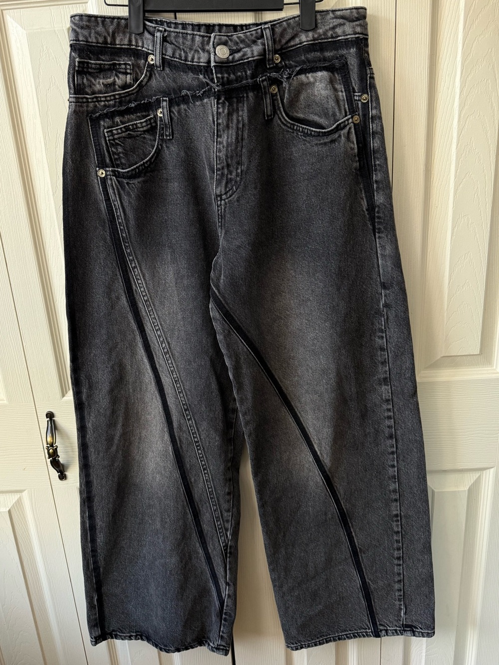 ZARA TRF Wide Leg Double Waistband Jeans Raw Hem Grunge Black Size 8